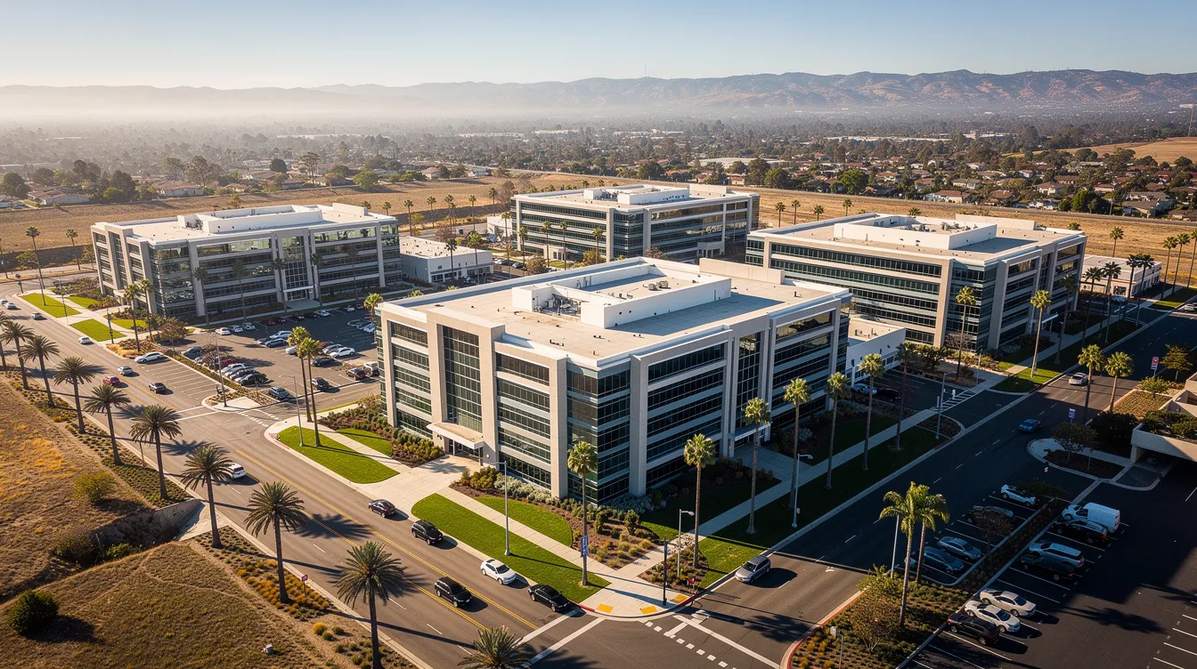 An aerial view captures modern commercial office buildings within a Southern California business park, showcasing the well-planned leased space designed to attract quality tenants. The image highlights the potential for tenant improvements and the importance of lease agreements in the competitive commercial real estate market.