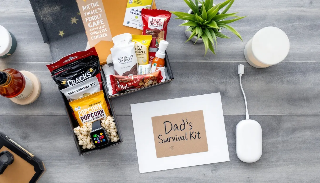 A flat lay featuring a selection of thoughtful Father's Day gifts chosen by teens, including a smartwatch, a wireless charger, and a DIY "Dad's Survival Kit" box filled with snacks and wet wipes, all presented on a wooden table or modern background. This arrangement showcases practical gifts that are perfect for celebrating dads and making them smile on their special day.