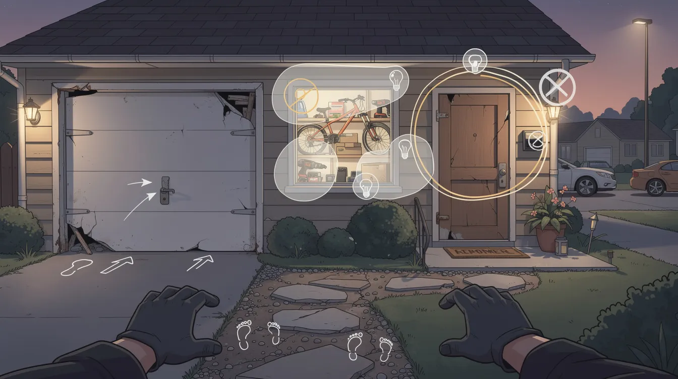 A view from a burglar&rsquo;s perspective assessing a garage&rsquo;s vulnerabilities.