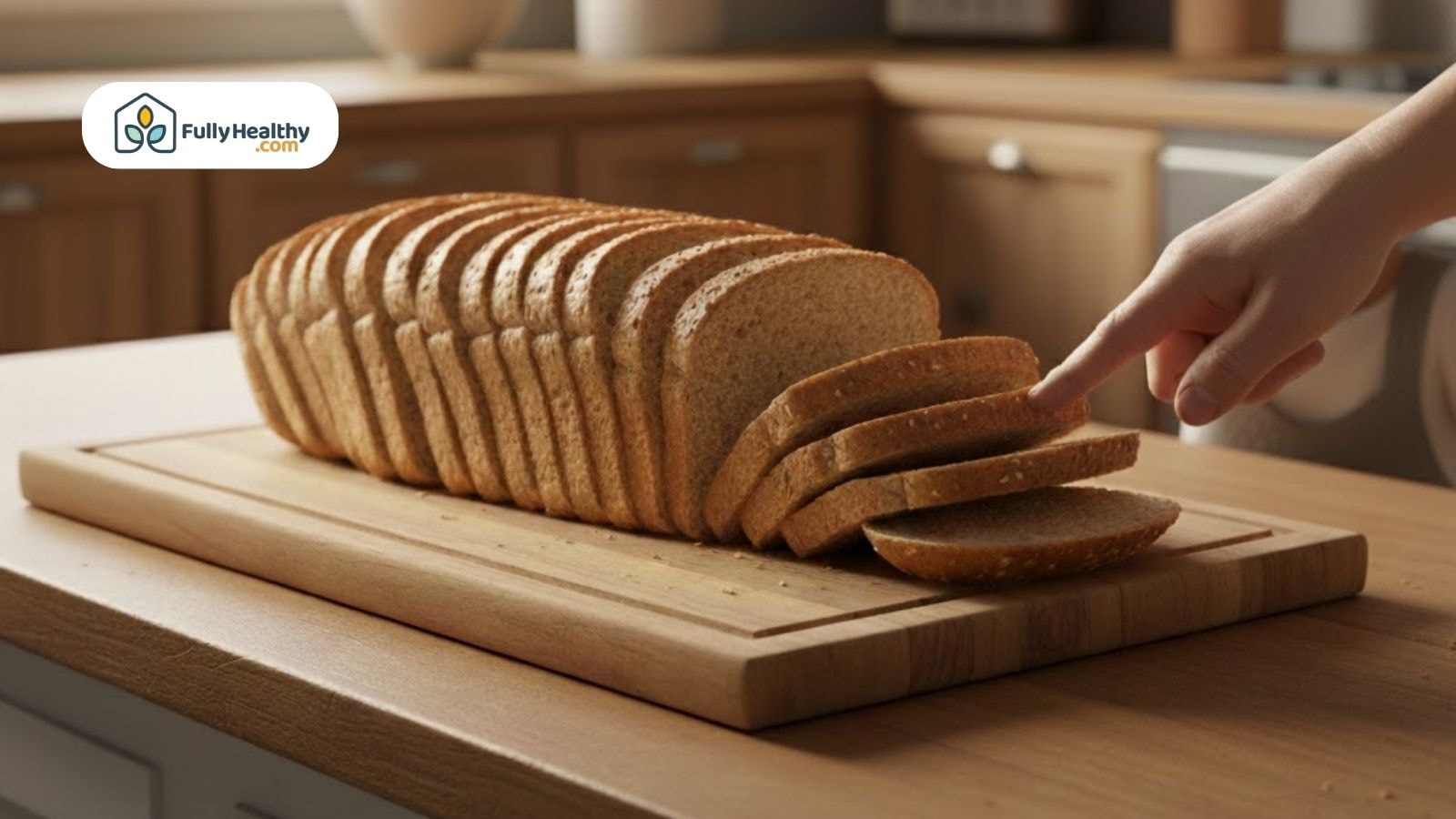 Standard sandwich loaf with evenly cut slices laid out on a cutting board for sandwiches.