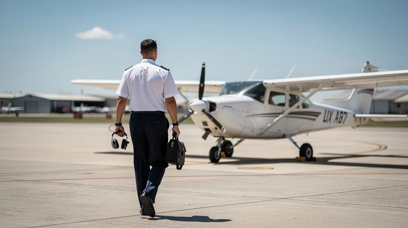 A pilot in uniform walks across the tarmac towards a small single-engine airplane on a clear day, embodying the spirit of flight training and preparation for their next adventure. This scene captures the essence of an aspiring commercial pilot ready to embark on their journey towards obtaining a commercial pilot certificate.