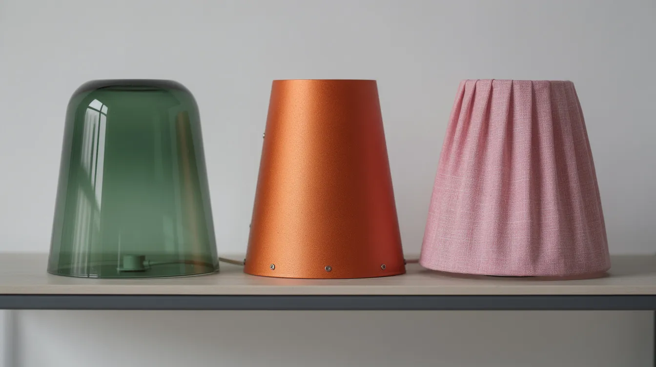 En närbild visar tre färgglada lampskärmar i grönt glas, orange metall och rosa tyg som står bredvid varandra på en hylla, vilket skapar en unik och livfull belysning för rummet. Dessa olika material och färger bidrar till inredningens känsla och stil.