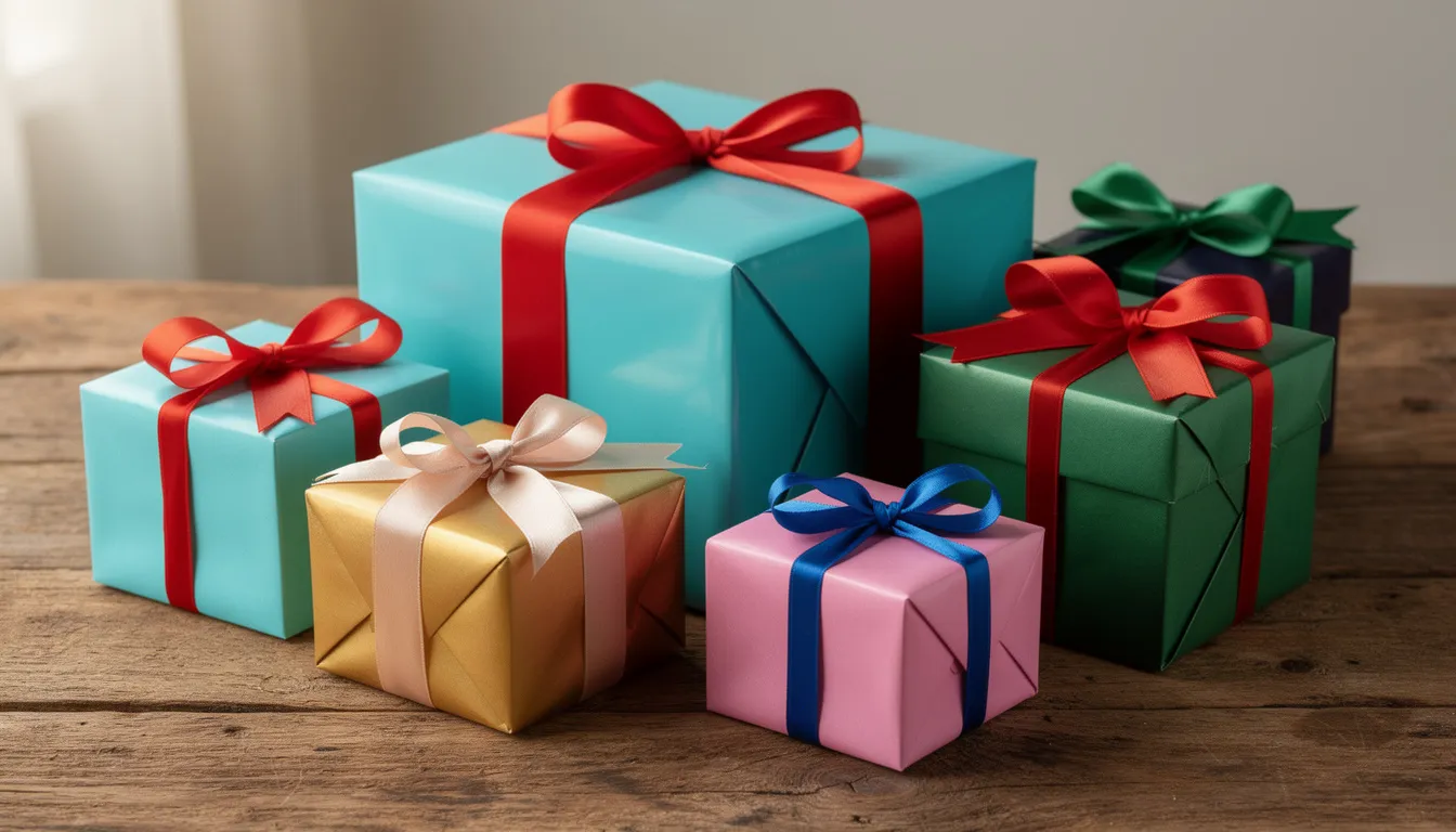 Flera färgglada inslagna presentlådor i olika storlekar står på ett träbord, vilket ger en festlig känsla. Dessa presenter passar bra för olika tillfällen och kan vara perfekta att ge bort till barn eller andra nära och kära.