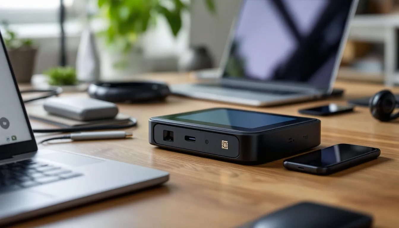 Ein sicherer Hardware-Wallet-Gerät liegt auf einem Tisch, umgeben von Sicherheitsmerkmalen, die den Schutz von Kryptowährungen und digitalen Währungen betonen. Diese Technologie ist Teil des Blockchain-Netzwerks, das für transparente und sichere Transaktionen sorgt.