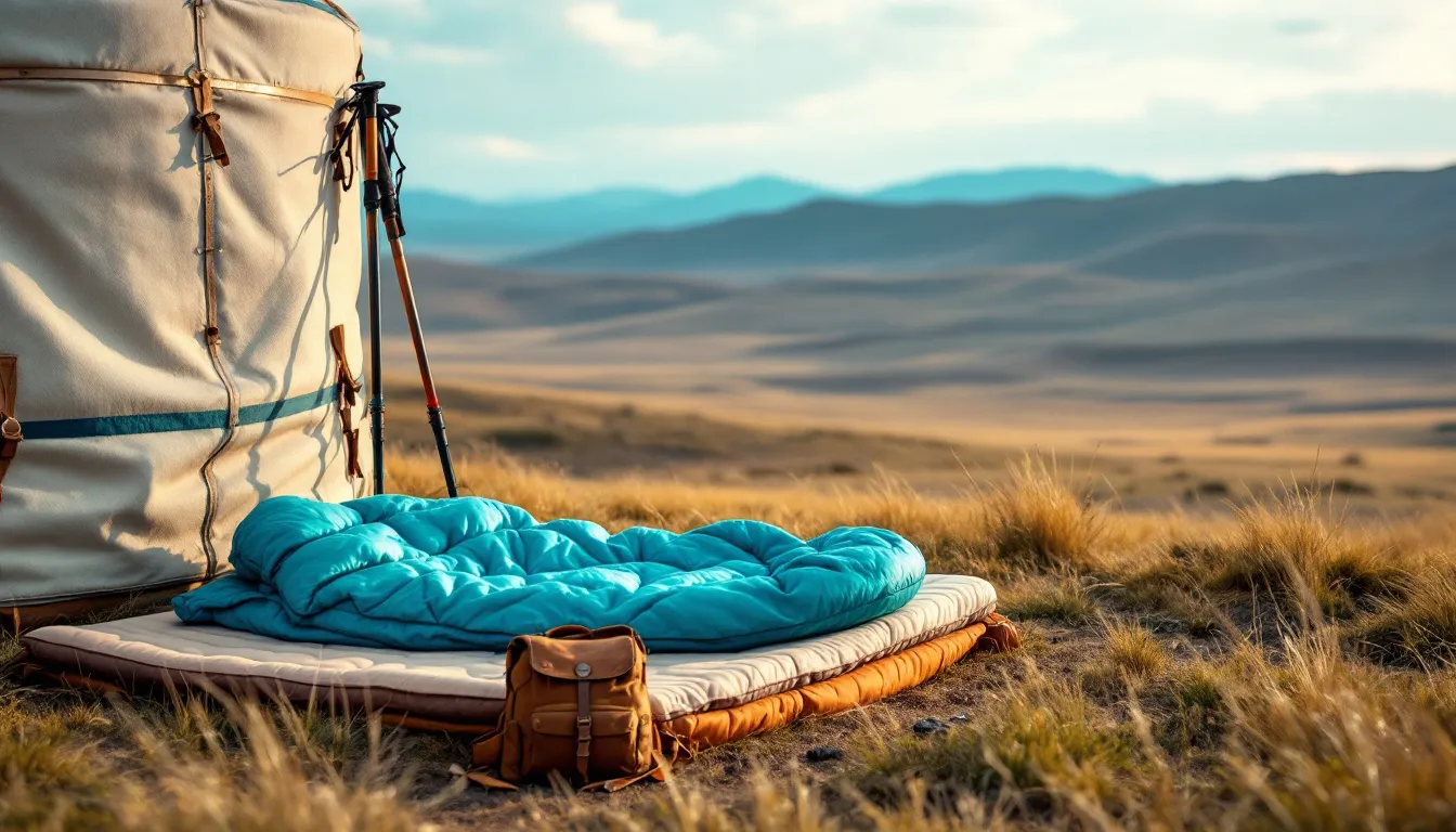 Camping and sleeping essentials for a Mongolia trip, including sleeping bags and pads.