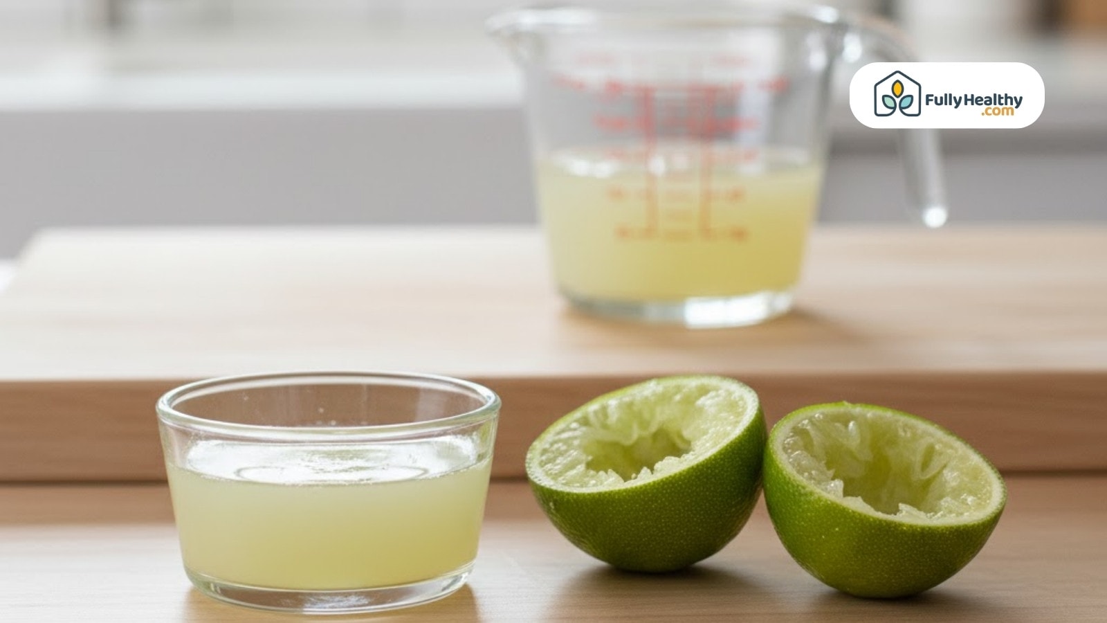 Freshly squeezed lime juice in glass containers with empty lime halves nearby