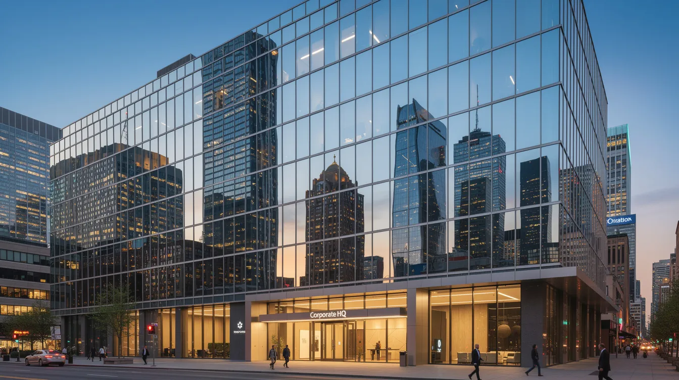 La imagen muestra un moderno edificio de oficinas corporativas con una elegante fachada acristalada que refleja el perfil urbano circundante, lo que simboliza un posicionamiento de marca eficaz y una identidad corporativa sólida. Este diseño arquitectónico representa el compromiso de la empresa con un futuro sostenible y su ventaja competitiva en el mercado.
