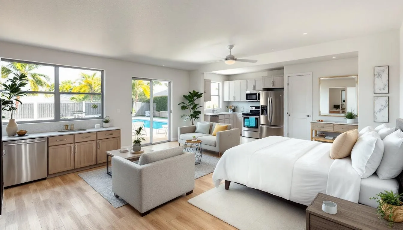 A clean Florida vacation rental showcases a bright, welcoming living area with freshly laundered linens and sanitized surfaces, ensuring an exceptional guest experience. The property is prepared by professional cleaners, ready for new guests to enjoy a comfortable stay.
