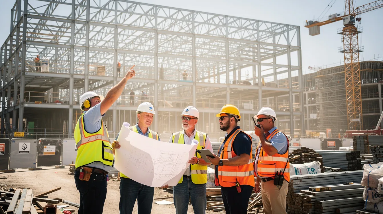 A group of project managers and skilled workers are coordinating tasks on a busy commercial construction site, with steel framing prominently visible. The scene highlights the importance of effective communication and risk management in ensuring project success within the construction industry.