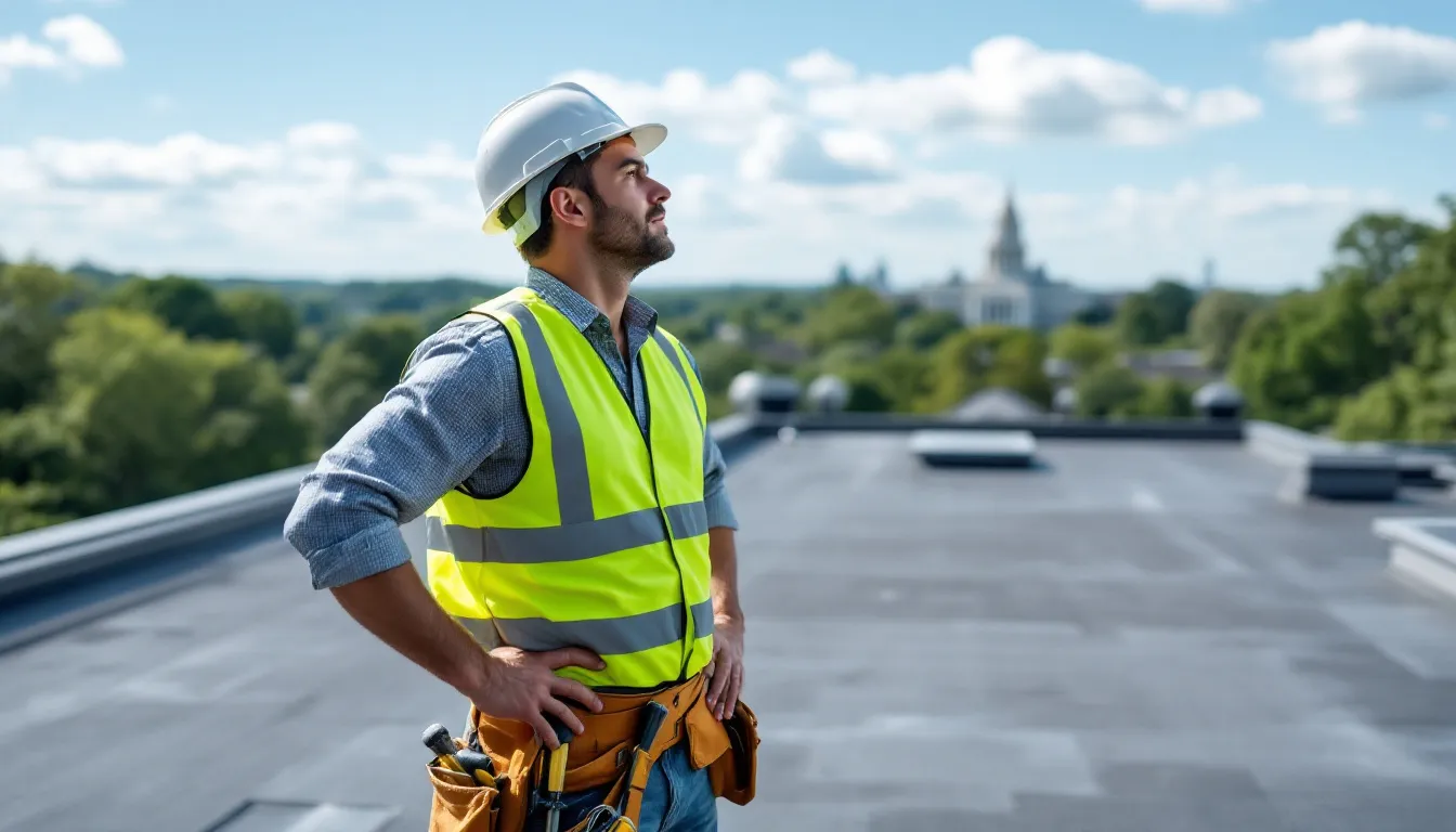 A professional roofing contractor assessing a flat roof for repairs in Raleigh, NC.