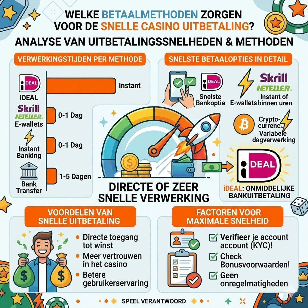 Infographic over snelle casino uitbetaling en betaalmethoden, met vergelijking van iDEAL, instant banking en e-wallets zoals Skrill en Neteller bij het snelst uitbetalende online casino en hoe je direct uitbetalen bij online casino’s in Nederland mogelijk maakt.