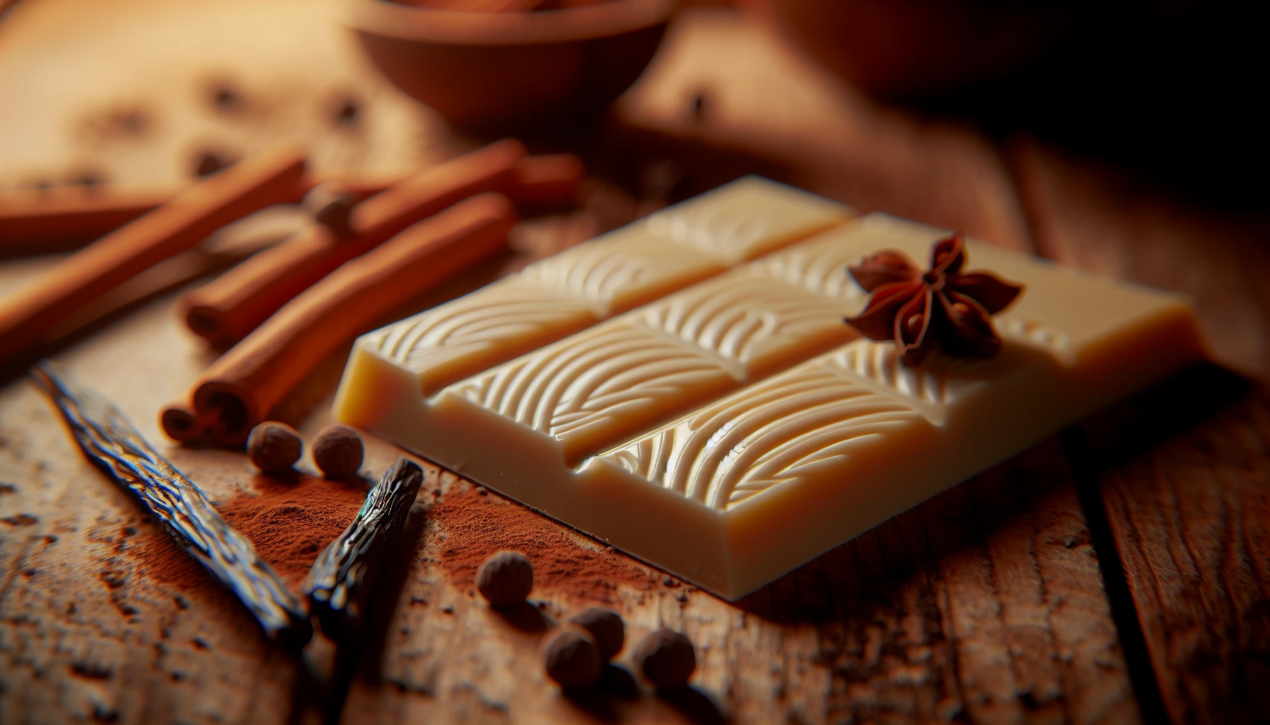 A captivating photo of a spiced white chocolate bar with cinnamon and vanilla accents