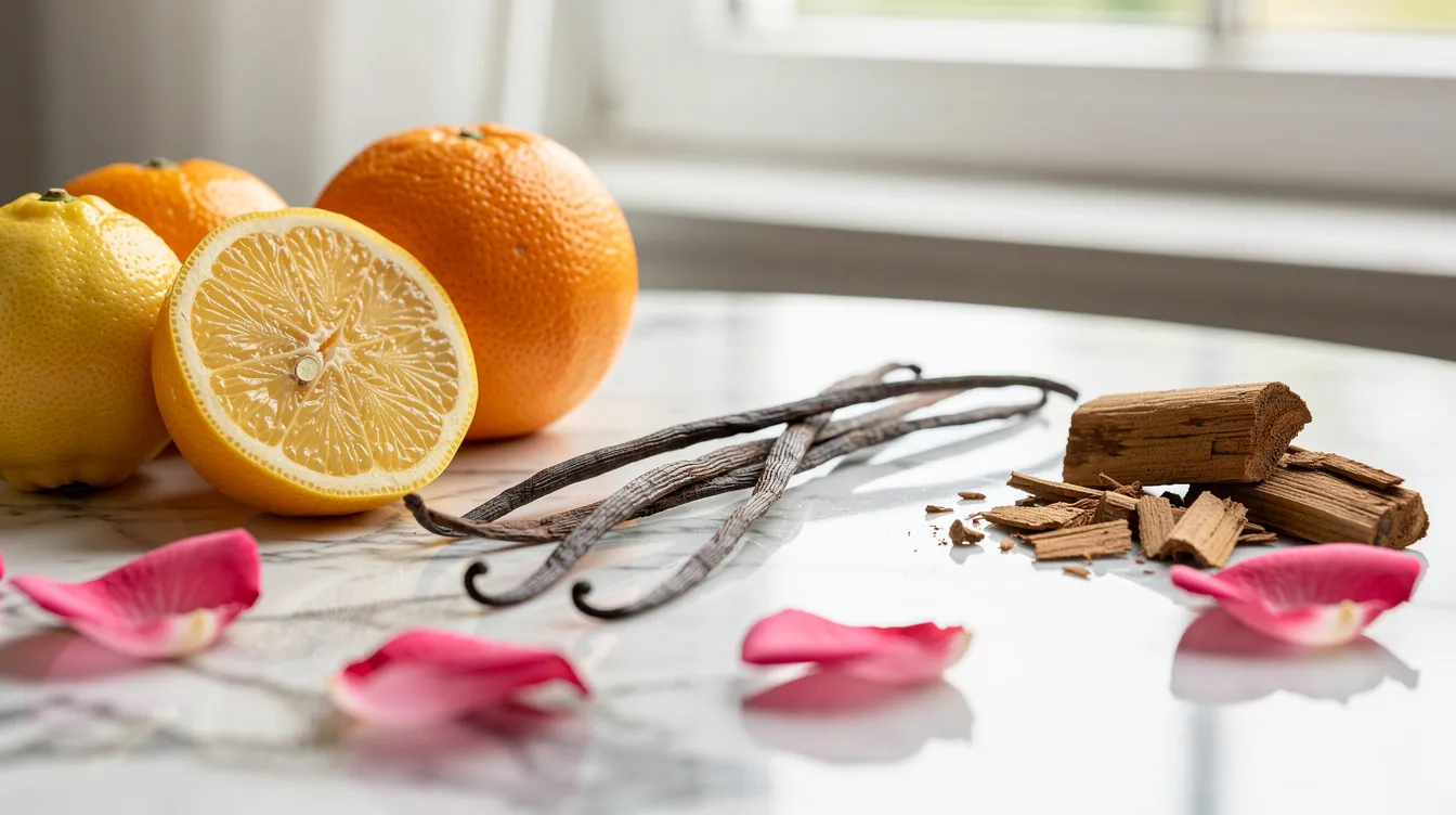 Auf einem eleganten Marmortisch liegen natürliche Parfum-Zutaten wie zarte Rosenblüten, duftende Vanilleschoten, frische Zitrusfrüchte und rustikale Holzstücke, die die Vielfalt der Duftnoten in der Welt des Parfums repräsentieren. Diese sorgfältige Anordnung vermittelt ein Gefühl von Qualität und Natürlichkeit, das in der Herstellung von Eau de Parfum und Eau de Toilette entscheidend ist.