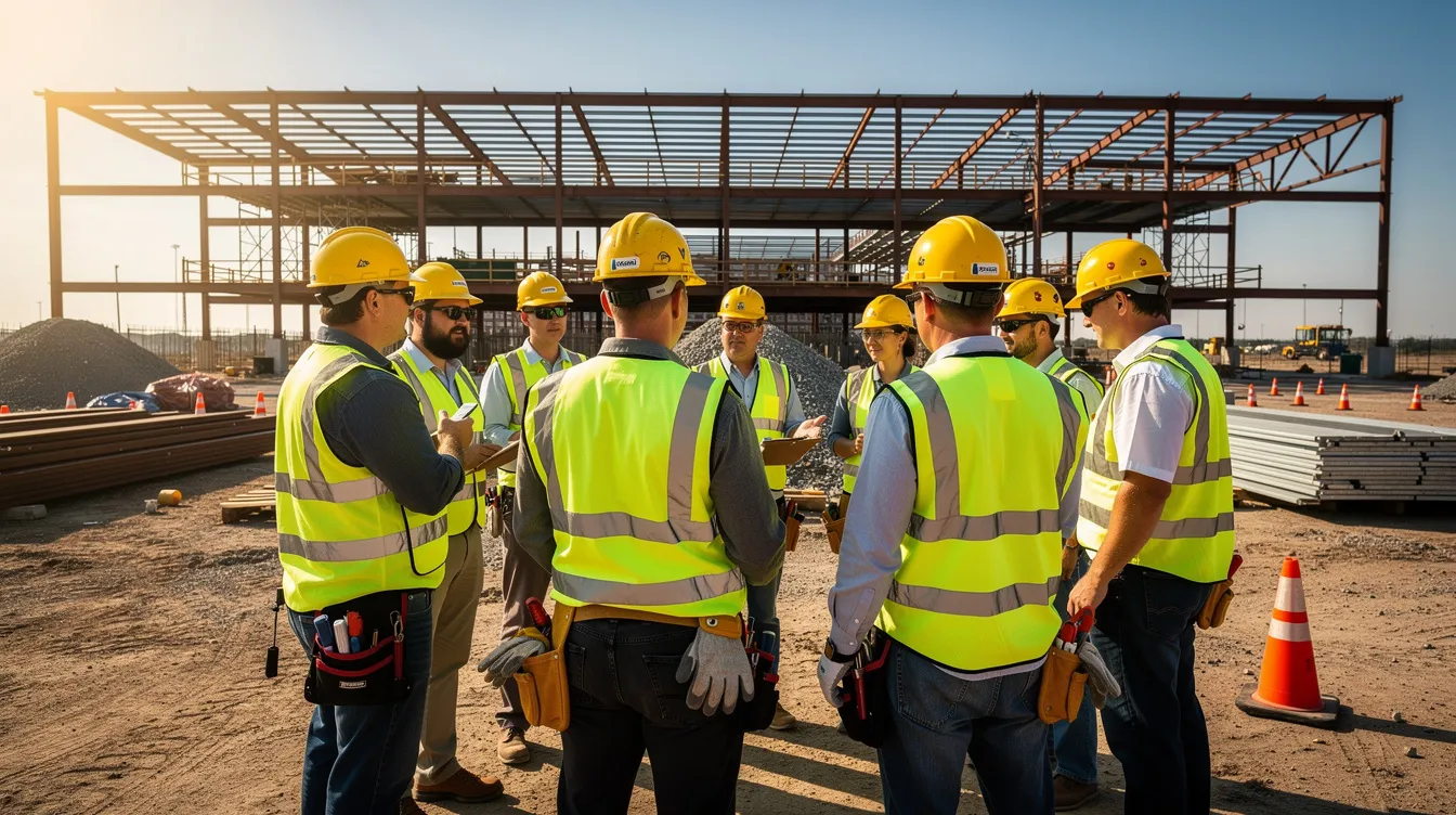 A group of construction workers, all wearing hard hats and safety vests, stands in a morning huddle on a commercial construction site under a clear, hot sky. This gathering reflects a strong safety culture, emphasizing the importance of safety practices and communication among the workforce to mitigate potential hazards and improve workplace safety.