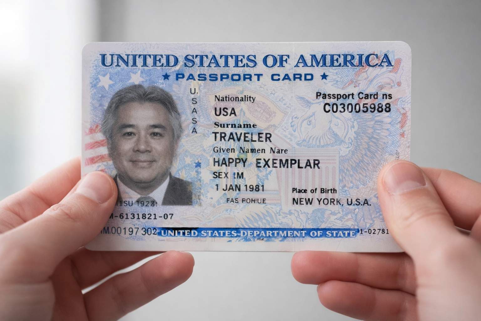 A close-up view of a modern passport held open, revealing the data page that features a photo and biographical information. This passport may include an embedded NFC chip for enhanced security and easy access to identity verification through NFC technology.