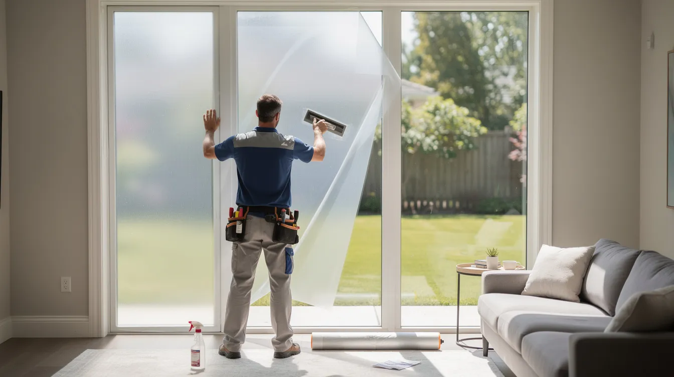 A service professional is installing window film on a large residential window under the bright sun, enhancing the home's energy efficiency and privacy. This task reflects the growing trend of home-based businesses, offering franchise opportunities for those looking to become their own boss in the service industry.
