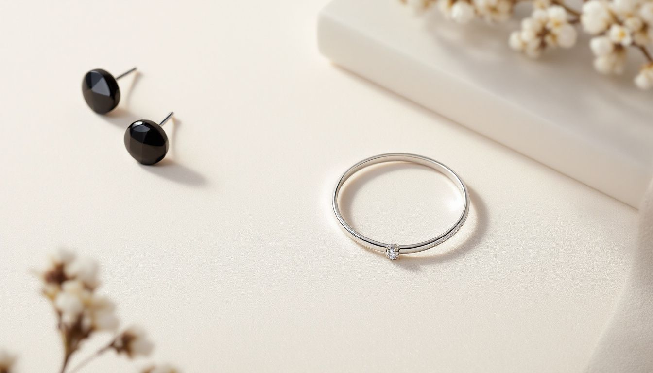 Minimalist jewelry styles including thin rings and simple earrings.