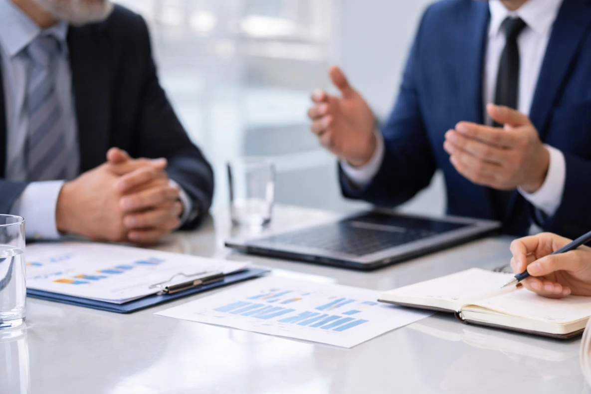 Three people in suits are seated around a table with documents and a tablet, engaged in a business meeting.