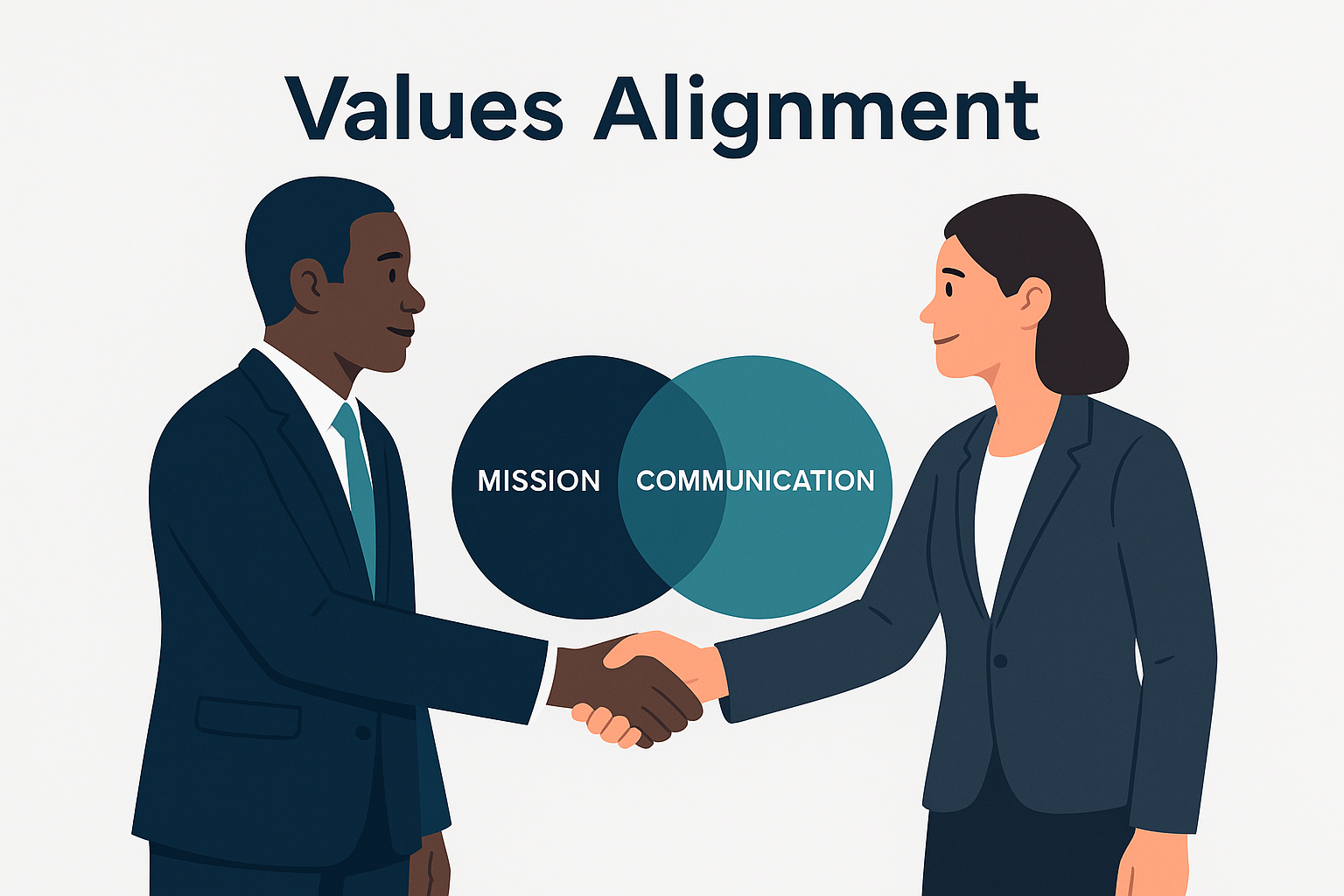 Illustration titled “Values Alignment” showing a man and woman in business attire shaking hands. Between them is a Venn diagram with overlapping circles labeled “MISSION” and “COMMUNICATION,” symbolizing shared values. The design uses a clean, flat style with navy and teal tones on a light background, conveying professional alignment and mutual understanding in the workplace.