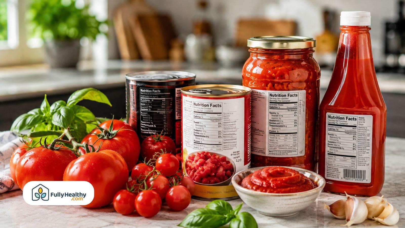 Fresh tomatoes canned tomatoes and tomato sauce with nutrition labels displayed together