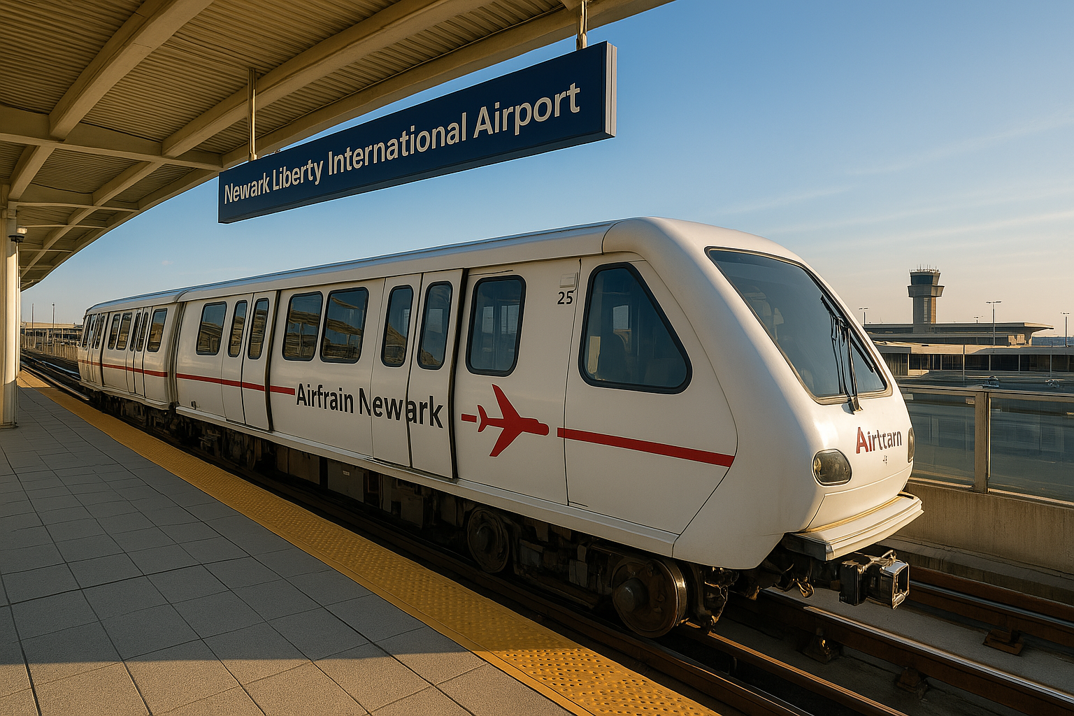 An AirTrain arriving at Newark Liberty International Airport, a popular choice for travelers looking for the best way to travel to NYC from Newark everyday.
