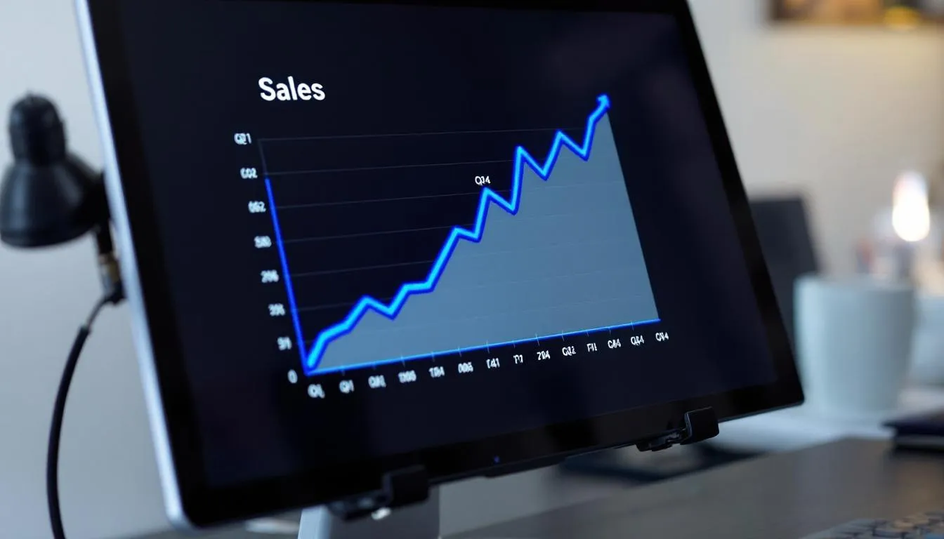 Na ekranie komputera widoczny jest wykres ilustrujący wzrost sprzedaży, który może być efektem skutecznej strategii promocyjnej przedsiębiorstwa. Wykres ten podkreśla znaczenie działań promocyjnych w pozyskiwaniu nowych klientów oraz zwiększeniu świadomości marki wśród docelowej grupy odbiorców.