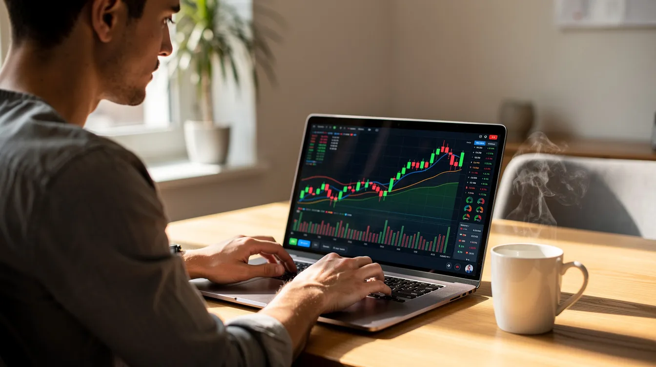 A person is seated at a desk, using a laptop to analyze financial charts, while a coffee mug sits nearby. The scene suggests a focus on managing home equity lines and potential loans, possibly considering options like fixed monthly payments or variable interest rates for home improvements or debt consolidation.