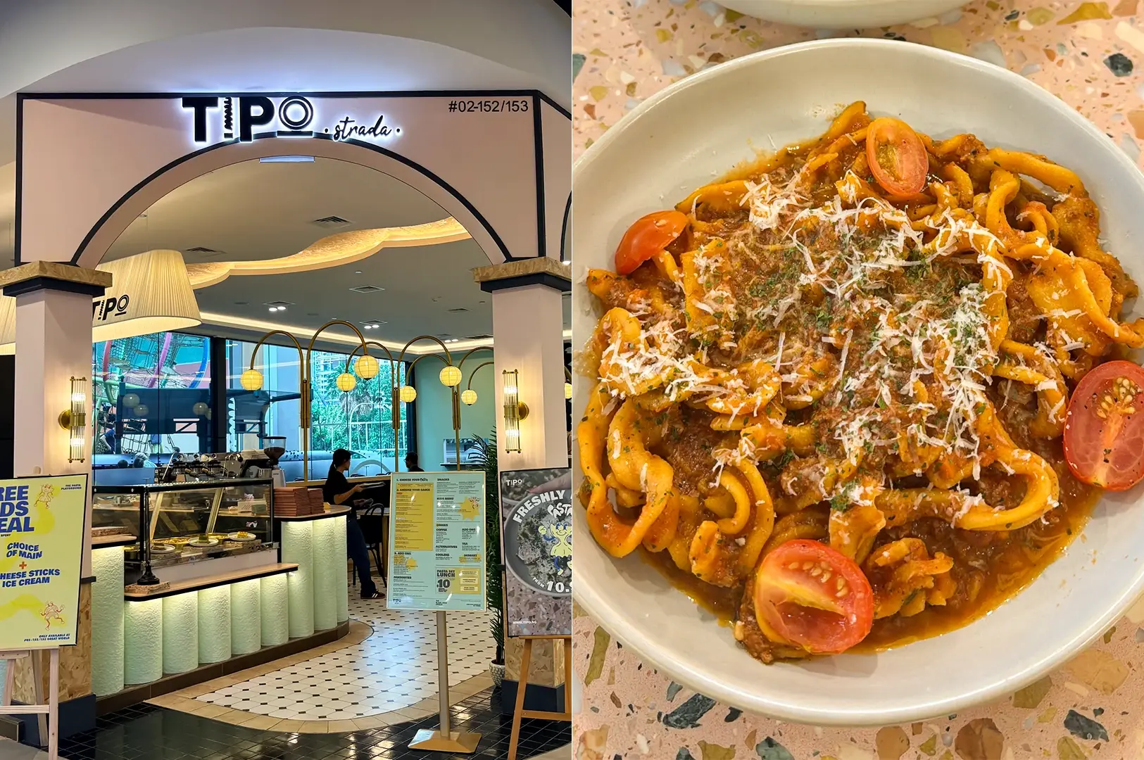 Left: Wide-angle, eye-level view of a modern restaurant entrance with an illuminated ‘TIPO strada’ sign above a rounded archway, showing a bright interior with a marble counter, glass display cases, menu boards, warm pendant lighting, and tiled flooring in a clean, contemporary mall setting. Right: Close-up, top-down shot of a bowl of thick pasta coated in rich red tomato sauce, garnished with grated cheese, herbs, and halved cherry tomatoes, placed on a speckled tabletop with soft, even lighting highlighting texture and color.
