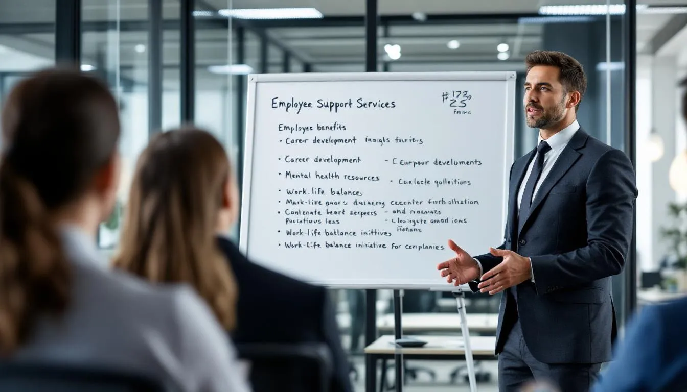 Arbeitgeber erklärt Mitarbeitern Leistungen zur Personalbetreuung.
