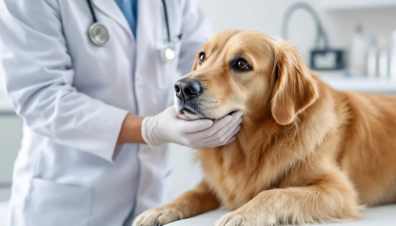 A veterinarian is examining the neck area of a middle-aged Golden Retriever, focusing on the thyroid gland, which is crucial for assessing thyroid function and diagnosing conditions like hypothyroidism in dogs. The dog