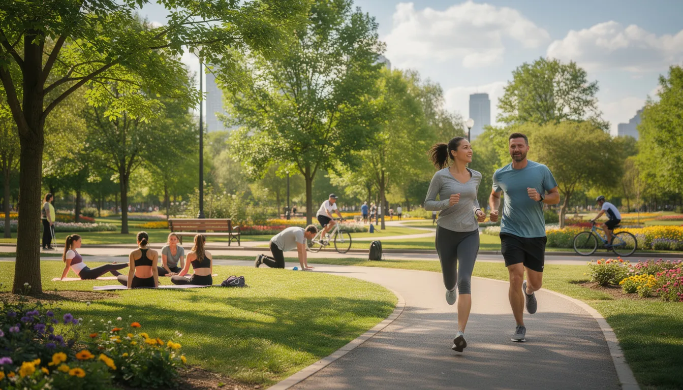 The image depicts a vibrant park scene where people are exercising outdoors, surrounded by lush greenery. This setting highlights the importance of physical activity for maintaining metabolic health and improving insulin sensitivity, which can be beneficial for individuals considering nmn supplementation for enhanced energy and overall wellness.