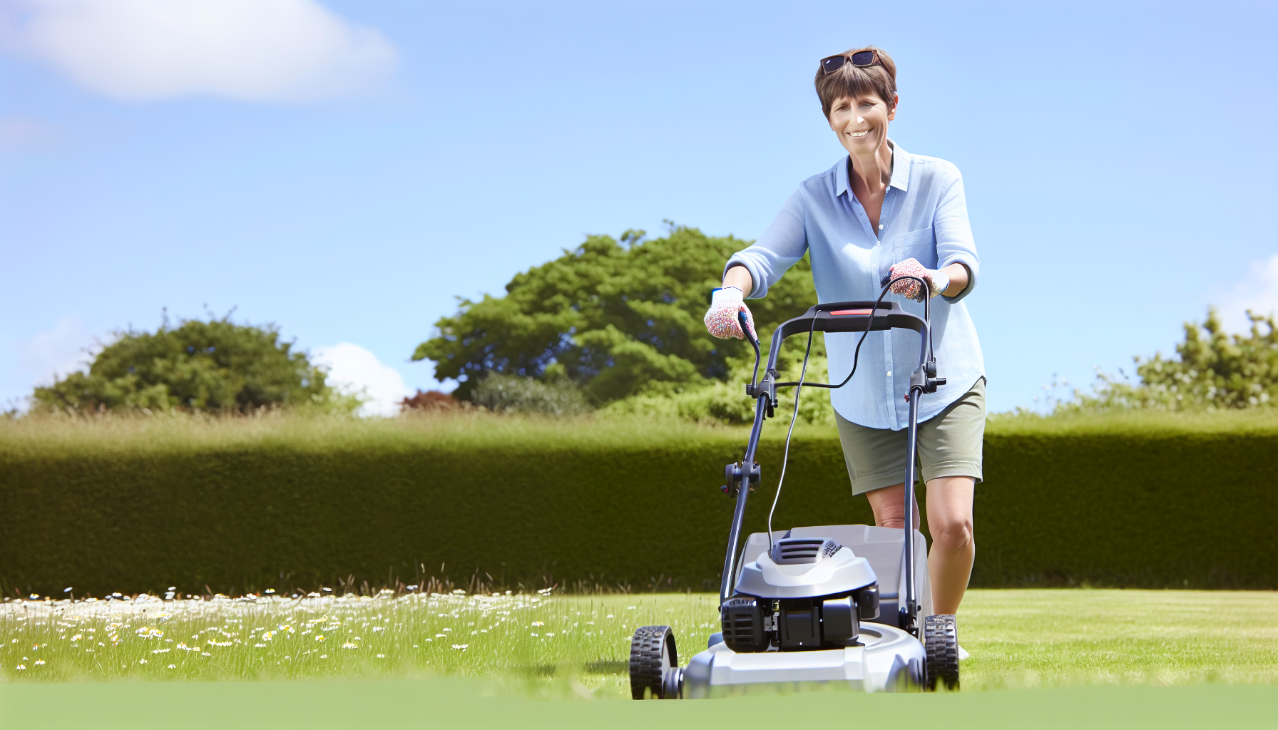 Woman effortlessly mowing the lawn with a cordless lawn mower