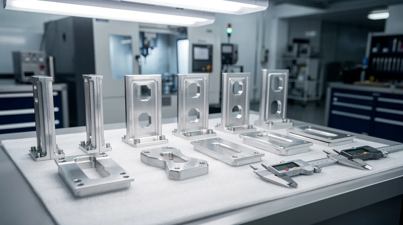 The image depicts an inspection table in a factory, showcasing precision machined aerospace brackets and medical device housings, highlighting the quality of CNC machining services. Various high precision parts are arranged neatly, emphasizing the advanced CNC machines and manufacturing processes used in their production.