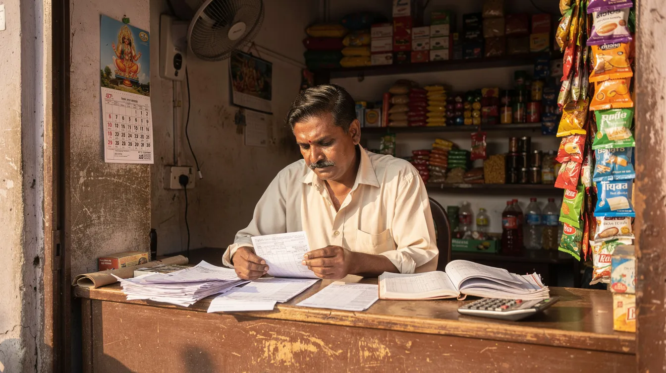bf302b4c b0fa 4ff0 9a32 a876251698dc The image depicts a small Indian shop owner seated at a counter, meticulously reviewing paper documents and bills, which likely include gross profit calculations and operating expenses. This scene reflects the owner's attention to the company's financial health and profitability as they manage their small business.