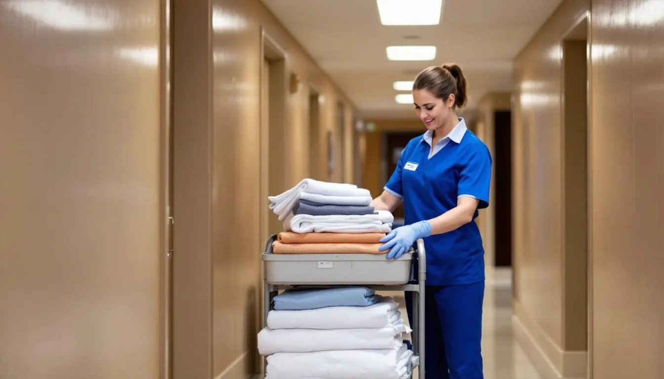 In a hotel corridor, housekeeping staff are organizing fresh linens on a cart, preparing to restock guest rooms. The cart includes flat sheets, bath towels, and additional linens, ensuring that the hotel maintains its established par levels for optimal guest experience.