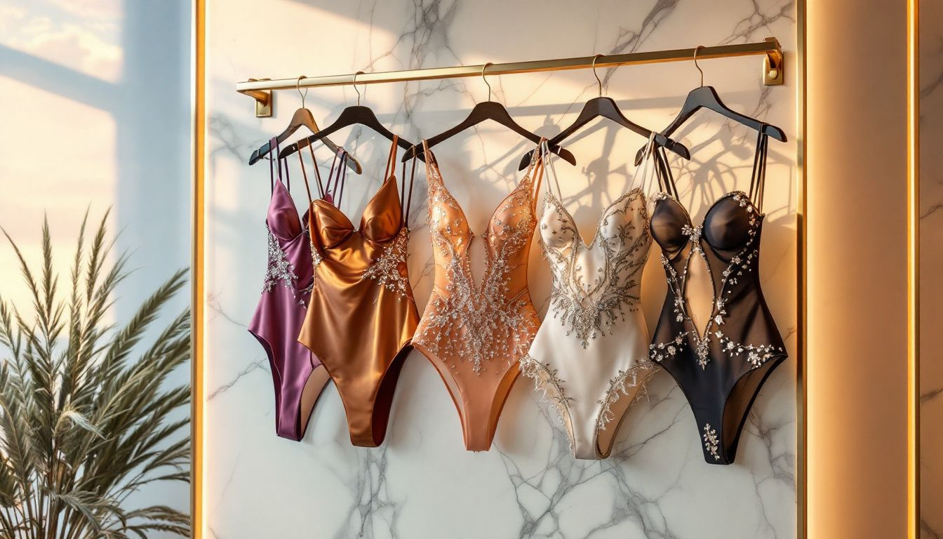 Elegant one-piece swimsuits hanging on a rack.