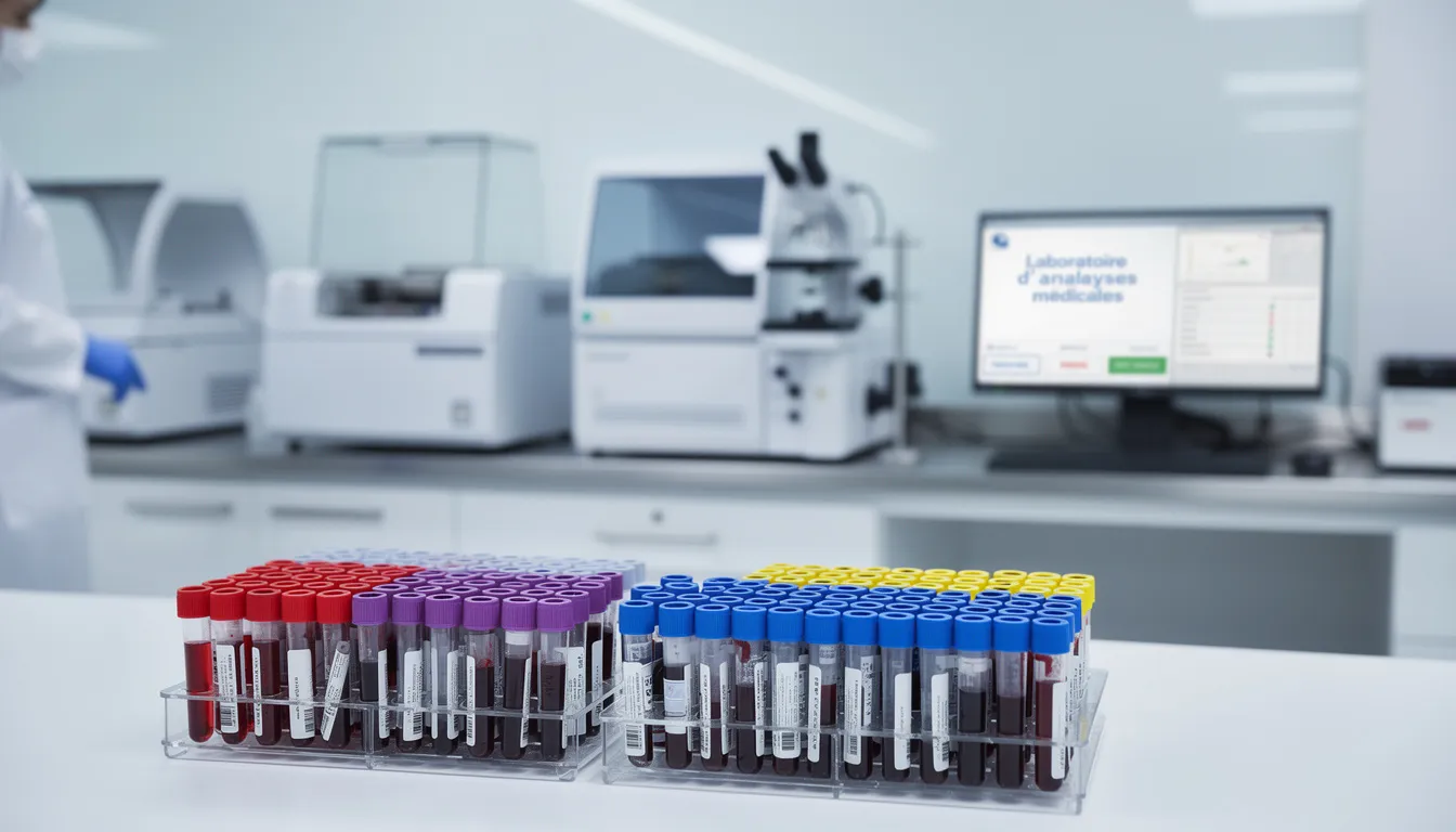 L'image montre un laboratoire d'analyses médicales avec des tubes de prélèvement sanguin soigneusement alignés sur une table. Ce cadre évoque l'importance des diagnostics pour des affections telles que le syndrome des ovaires polykystiques, souvent traité dans des centres hospitaliers comme l'hôpital Jeanne de Flandre.