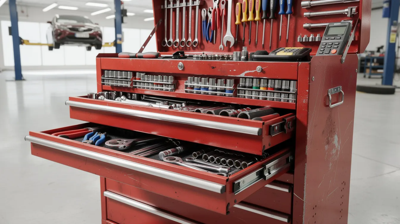 The image depicts a professional mechanic's toolbox brimming with various automotive repair tools, including wrenches, screwdrivers, and power tools, essential for auto repair shops. This toolbox represents the critical equipment necessary for servicing customer vehicles and managing the unique risks associated with the auto repair industry.
