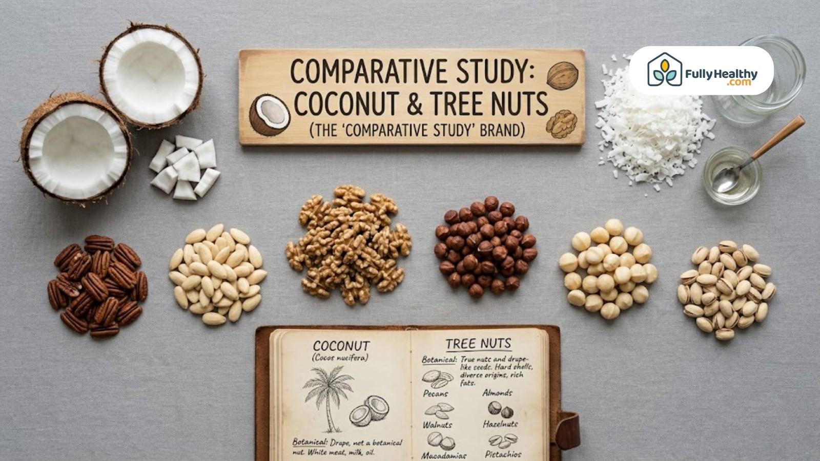 Comparative study layout showing coconut halves and assorted tree nuts varieties