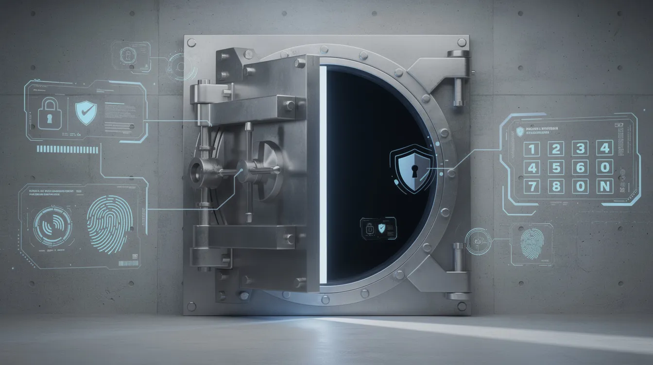 The image depicts a secure vault door slightly ajar, with digital interface elements overlaid, symbolizing the intersection of traditional banking services and modern digital banking solutions. This visual represents the evolving landscape of financial institutions that offer comprehensive banking services, including savings accounts and international money transfers, through innovative technology.