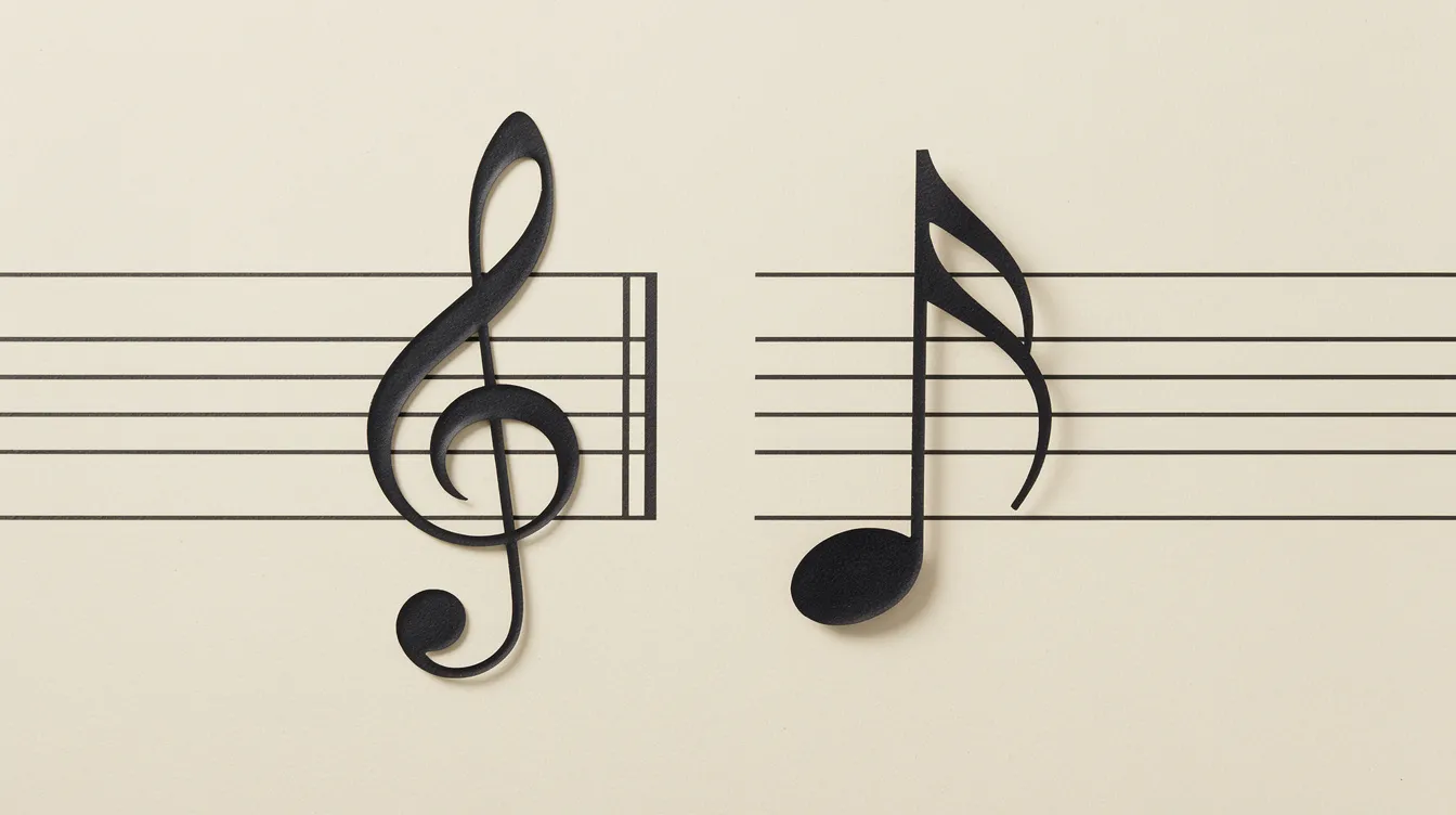 Das Bild zeigt zwei Notenschlüssel auf Notenpapier: links der geschwungene Violinschlüssel, der die Melodien anzeigt, und rechts der Bassschlüssel mit zwei Punkten, der die tiefen Töne symbolisiert. Diese Notenschlüssel sind grundlegende Elemente der Notenschrift und wichtig für das Notenlesen und Musizieren.