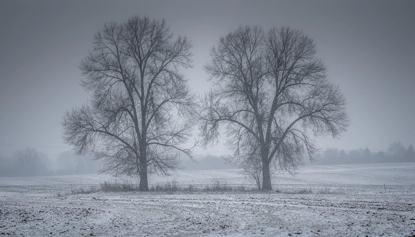 The image depicts bare trees silhouetted against a gray winter sky in Michigan, evoking a sense of emptiness and stillness often associated with mental exhaustion caused by chronic stress. This stark landscape can reflect the feelings of burnout and depression, reminding viewers of the importance of self-care and seeking support in everyday life.