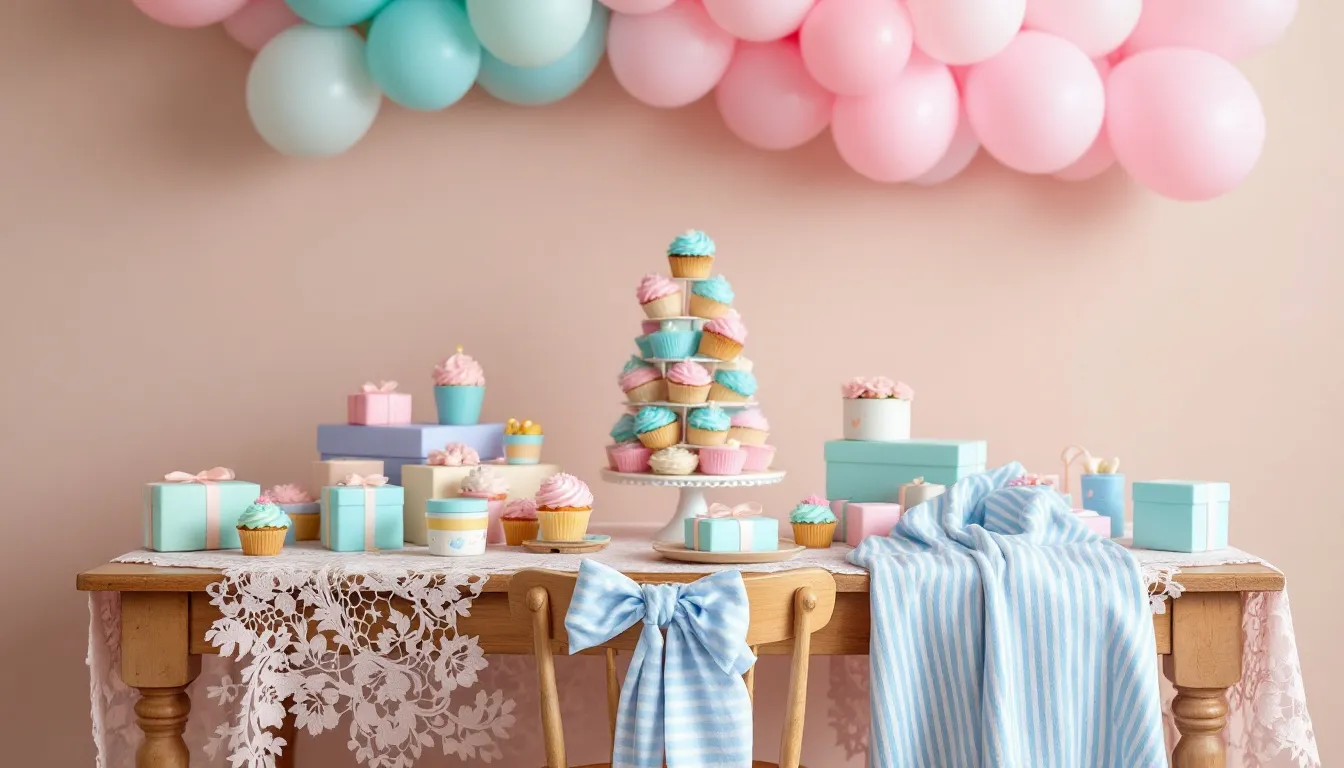 The image features a beautifully decorated baby shower table adorned with gift boxes, a super soft personalized blanket draped over a chair, colorful cupcakes, and vibrant balloons in pink, blue, and gender-neutral tones, creating an inviting atmosphere for parents to be and their little ones. This setup is perfect for celebrating the arrival of a newborn baby and showcases delightful baby gifts that steal the show.