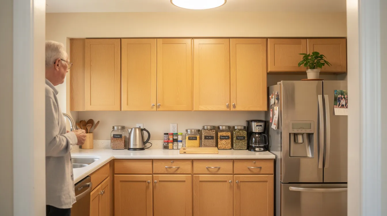 The image depicts a tidy kitchen designed for older adults, featuring items organized at counter height and illuminated by a bright overhead light, promoting kitchen safety and ease of access for daily living tasks. This well-arranged space helps mitigate hazards and supports the overall well-being of seniors, ensuring a safer home environment.