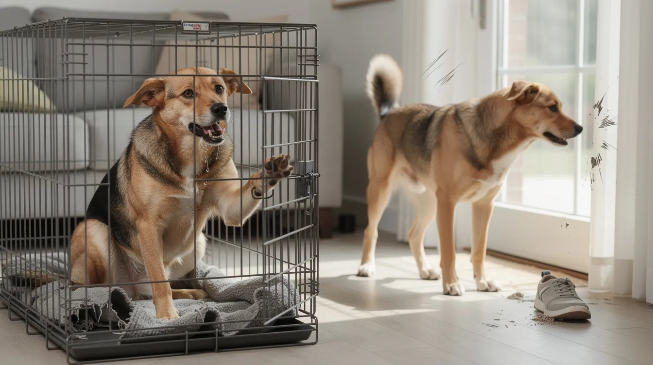 The image depicts a dog in a crate, looking anxious with its ears back and eyes wide, contrasting with another dog lying calmly in a cozy corner of a home, illustrating the differences between crate anxiety and separation anxiety. The crate is open, suggesting a safe space, while the relaxed dog represents the ideal outcome of effective dog training and mental stimulation for anxious dogs.