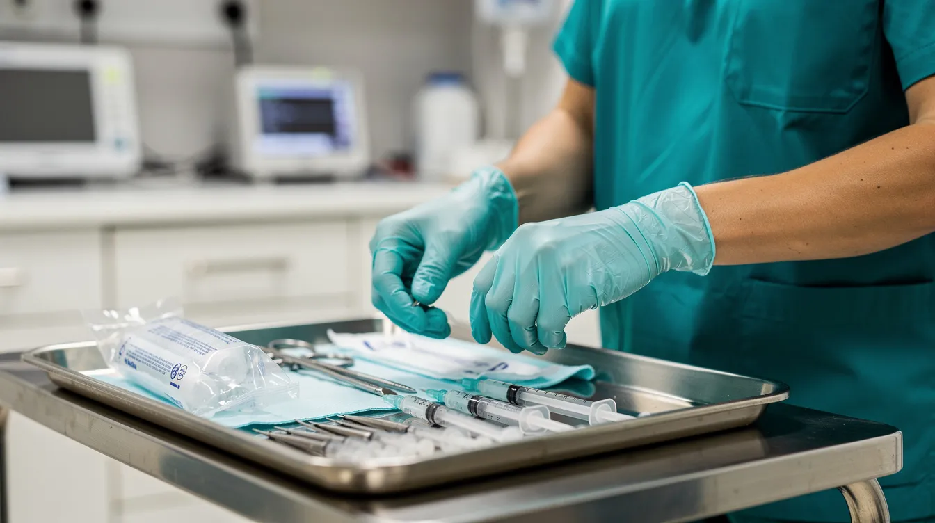 A healthcare worker in scrubs and gloves is meticulously preparing sterile medical equipment in a clinical setting, emphasizing the importance of proper infection control protocols to prevent hospital acquired infections. This careful preparation is crucial for ensuring patient safety and minimizing the risk of healthcare associated infections during medical treatment.