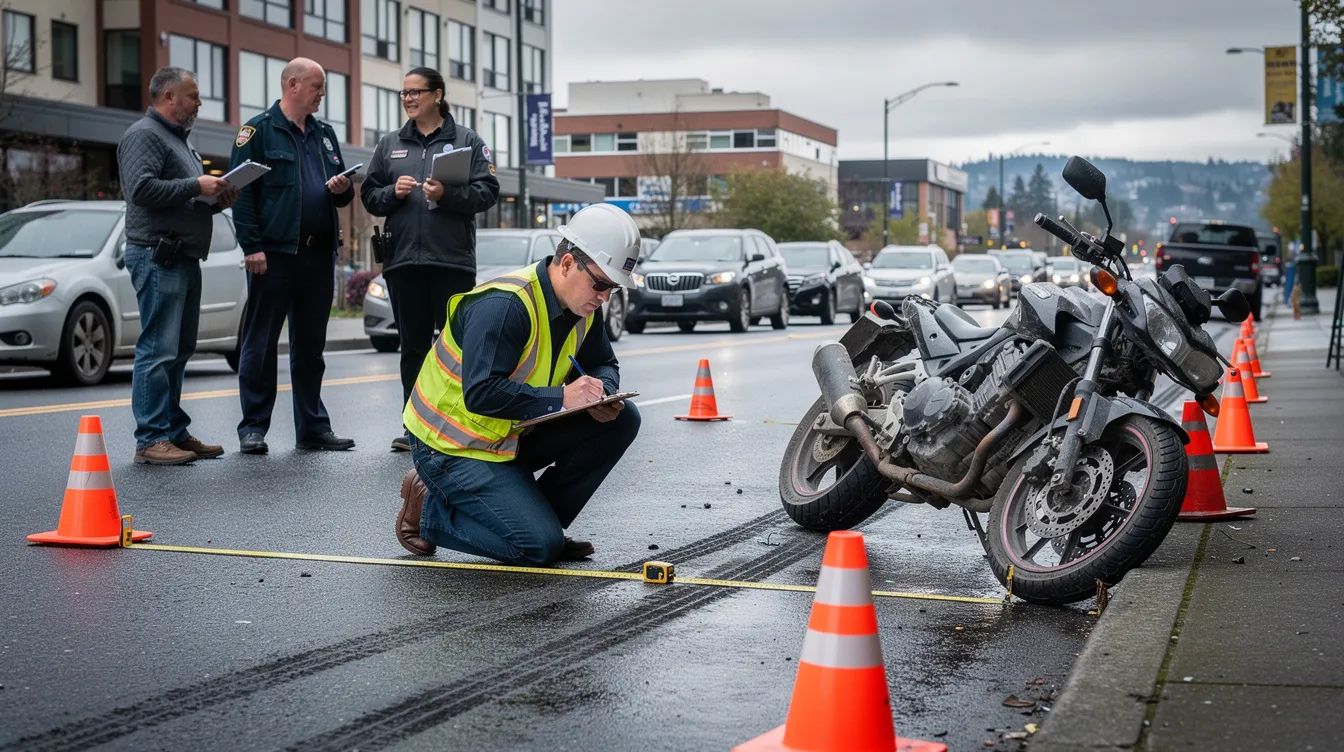 A Seattle motorcycle accident attorney examines a crash scene on a city street, documenting the damaged motorcycle near the curb alongside visible skid marks. Investigators are measuring the area with a tape measure, while traffic cones mark the evidence zone, set against a backdrop of Seattle's urban buildings and a cloudy sky.