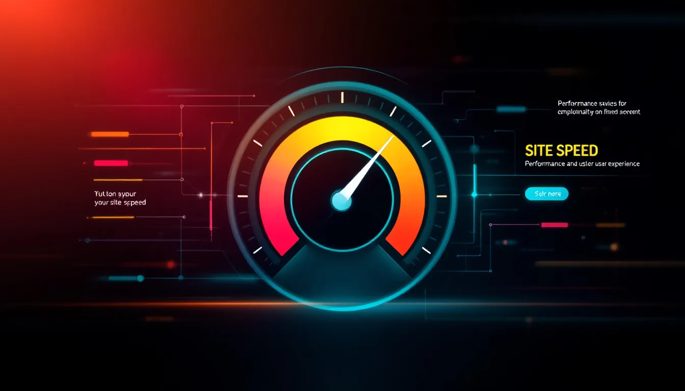 An illustration of a speedometer indicating high site speed, representing performance optimization for improved user experience.