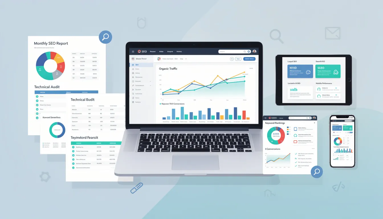 The image showcases a collection of various SEO report templates, each designed to effectively communicate SEO performance and insights, including data from Google Search Console and Google Analytics. It highlights key metrics such as keyword rankings, organic traffic, and technical SEO errors, emphasizing the importance of customized SEO reports for businesses and clients.