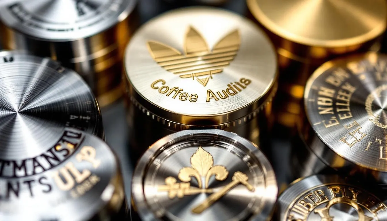 A close-up image showcasing various engraved logos on different types of weed grinders, including metal and stainless steel grinders, highlighting their unique designs and features. The intricate engravings exemplify the craftsmanship that appeals to cannabis connoisseurs seeking the best grinders for a consistent grind and flavorful smoking experience.